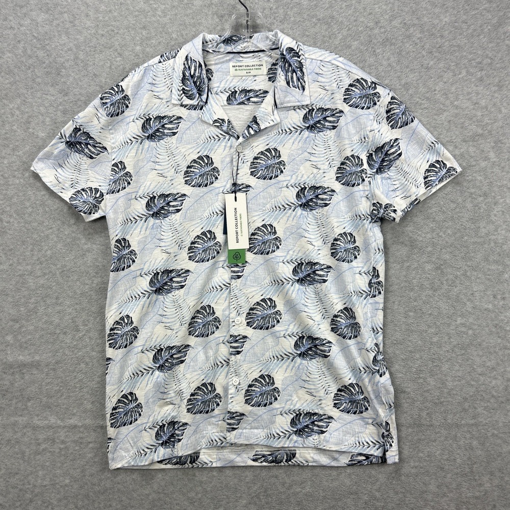 Report Collection Shirt Mens‎ Small Blue White Hawaiian Tropical Sustainable NEW